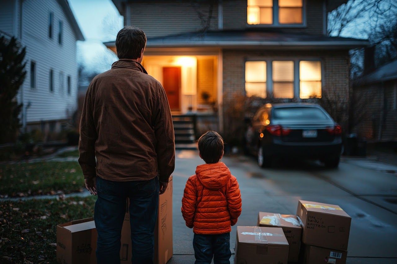 A father and son, at the edge of the driveway, surrounded by their personal effects packed up in boxes, looking at what was once their house. The sky is gloomy in the evening because the mood of the photo is sad. But it doesn’t have to be sad, you can contact the law offices of Theodore N. Stapleton, P.C. in the Atlanta metro area and stop foreclosures immediately.